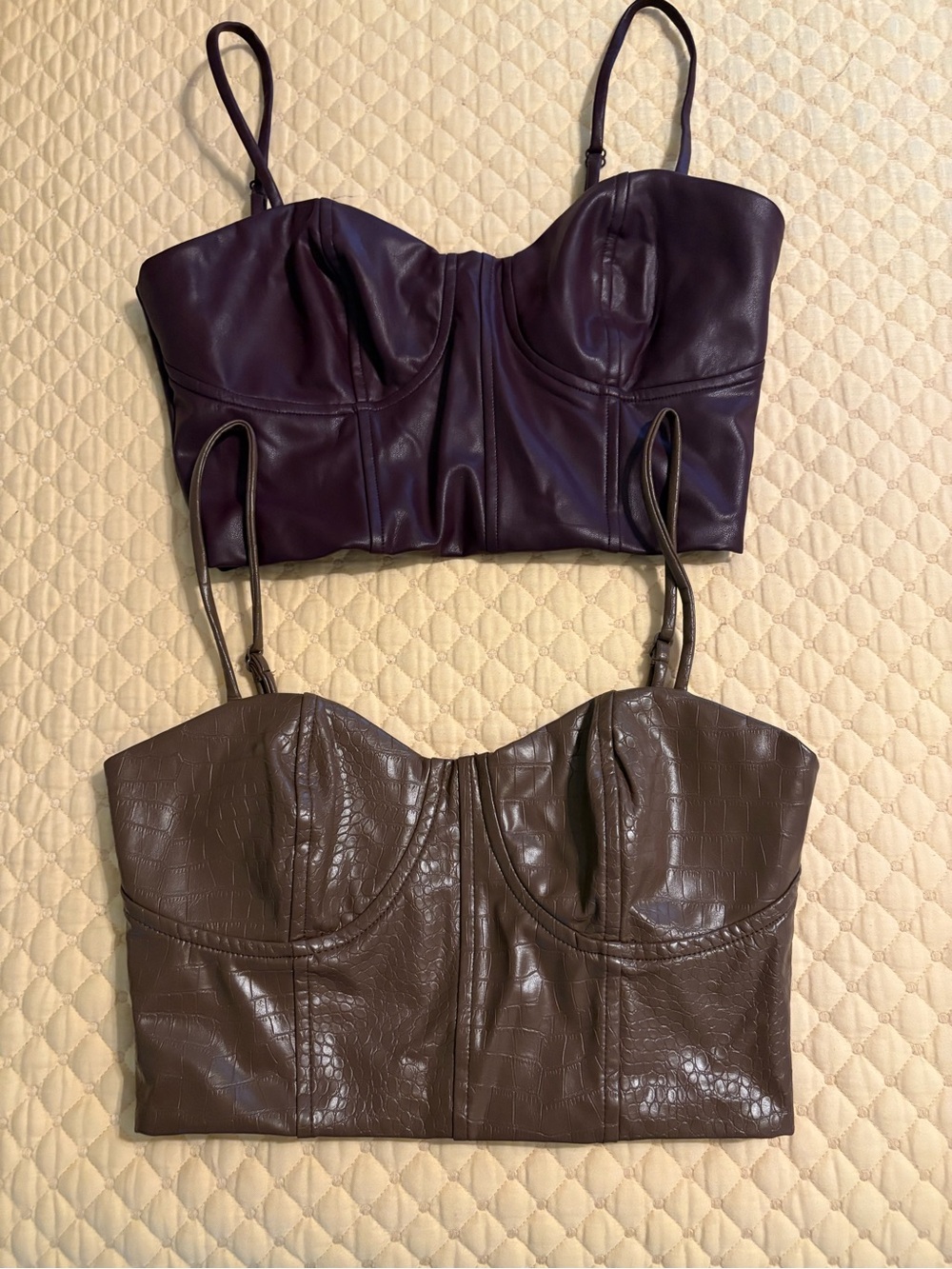 Express Faux Leather Bustier Crop Top in Plum and Brown